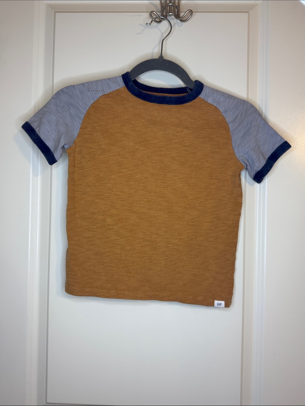 GAP Kids Rust Brown Raglan Tee with Light Blue Sleeves and Navy Trim